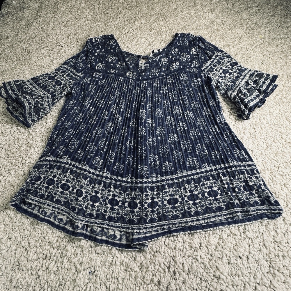 Lucky Brand Boho Peasant Top‎ XL Blue White Bell Sleeve Gauze